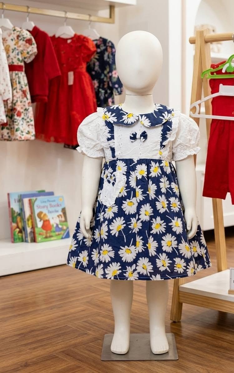 Navy Daisy Print Pinafore Dress with Eyelet Collar