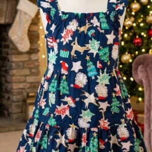 Navy Festive Print Tiered Dress with Red Tulle Underlay