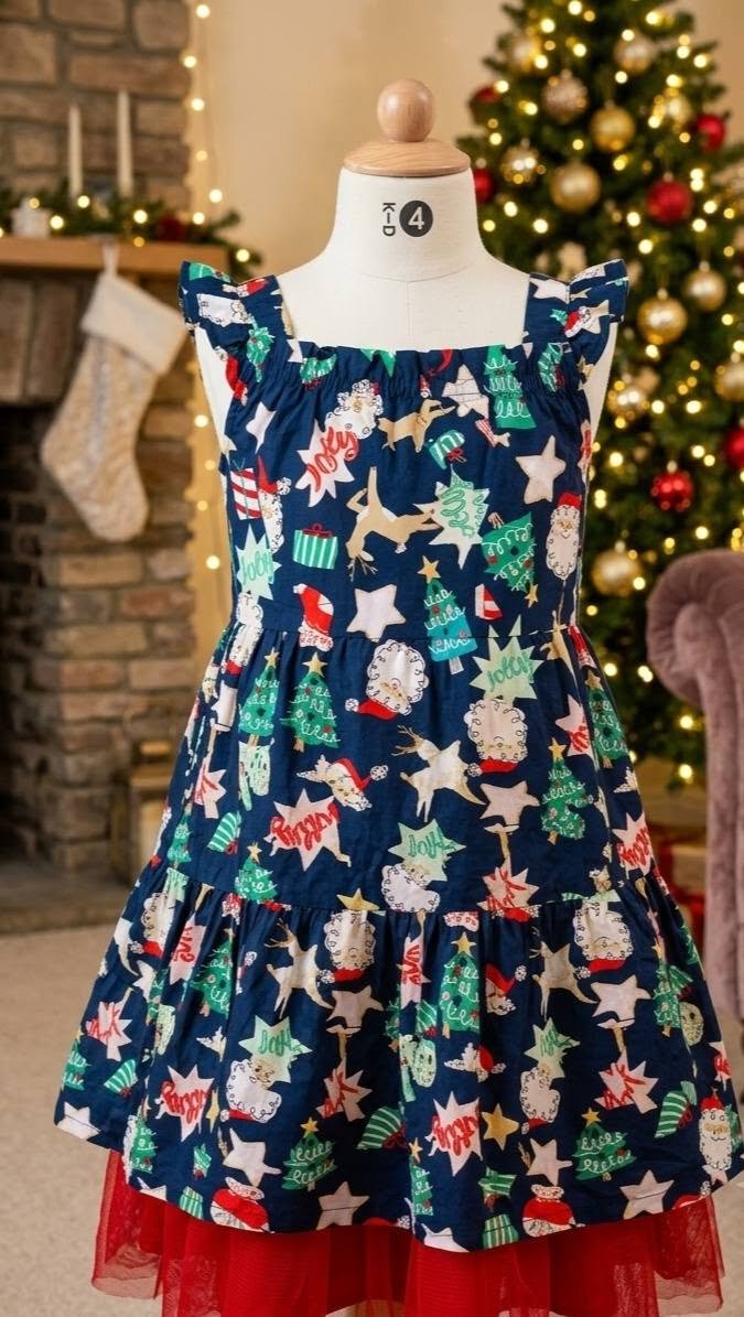 Navy Festive Print Tiered Dress with Red Tulle Underlay