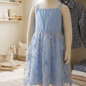 Blue Floral Embroidered Tulle Party Dress for Girls