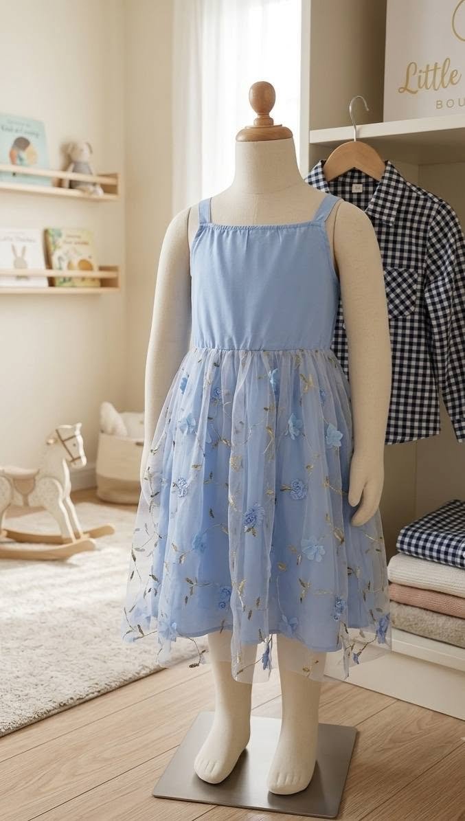 Blue Floral Embroidered Tulle Party Dress for Girls