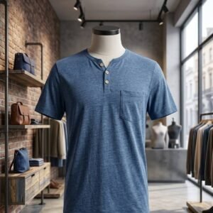 Denim Blue Henley T-Shirt with Chest Pocket