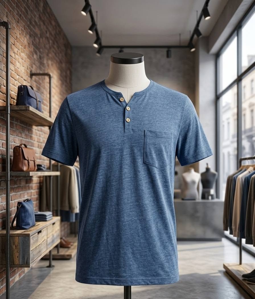 Denim Blue Henley T-Shirt with Chest Pocket