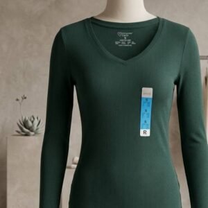Dark Green Ribbed V-Neck Long Sleeve Top