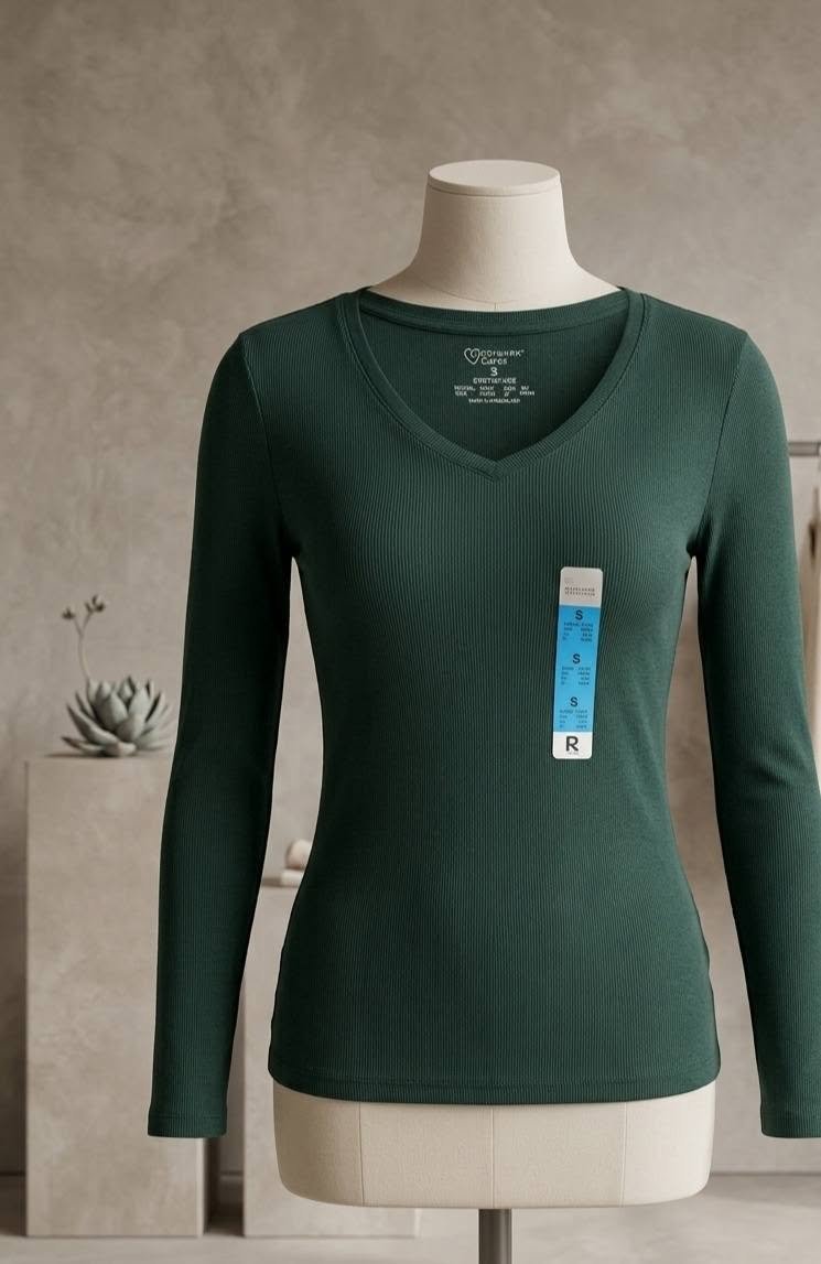 Dark Green Ribbed V-Neck Long Sleeve Top