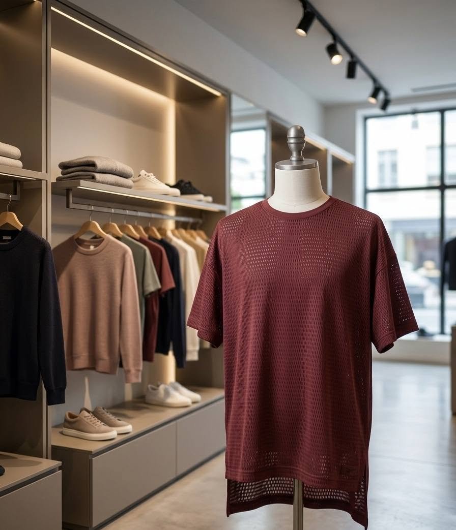 Maroon Mesh Perforated Oversized T-Shirt