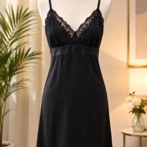Black Satin Cami Nighty with Lace Bust and Waistband