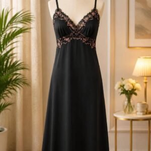 Black Nighty with Pink Floral Lace Bust Detail