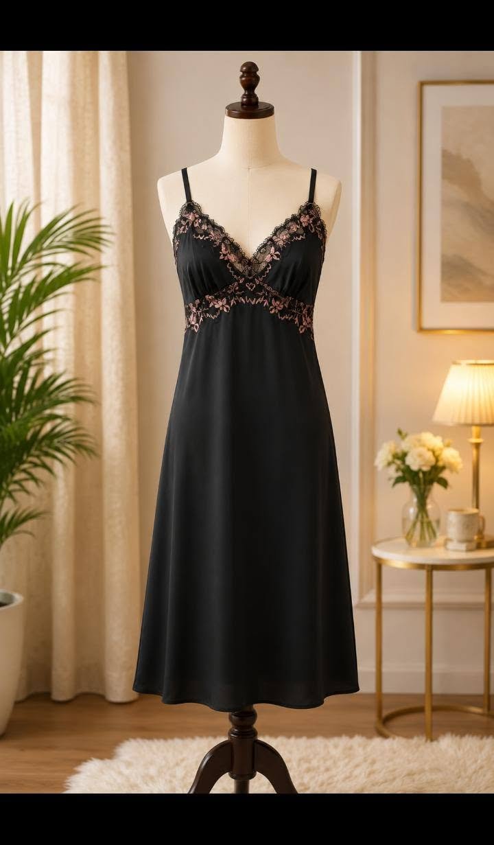 Black Nighty with Pink Floral Lace Bust Detail