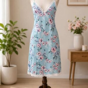 Sky Blue Floral Print Nighty with Lace Trim