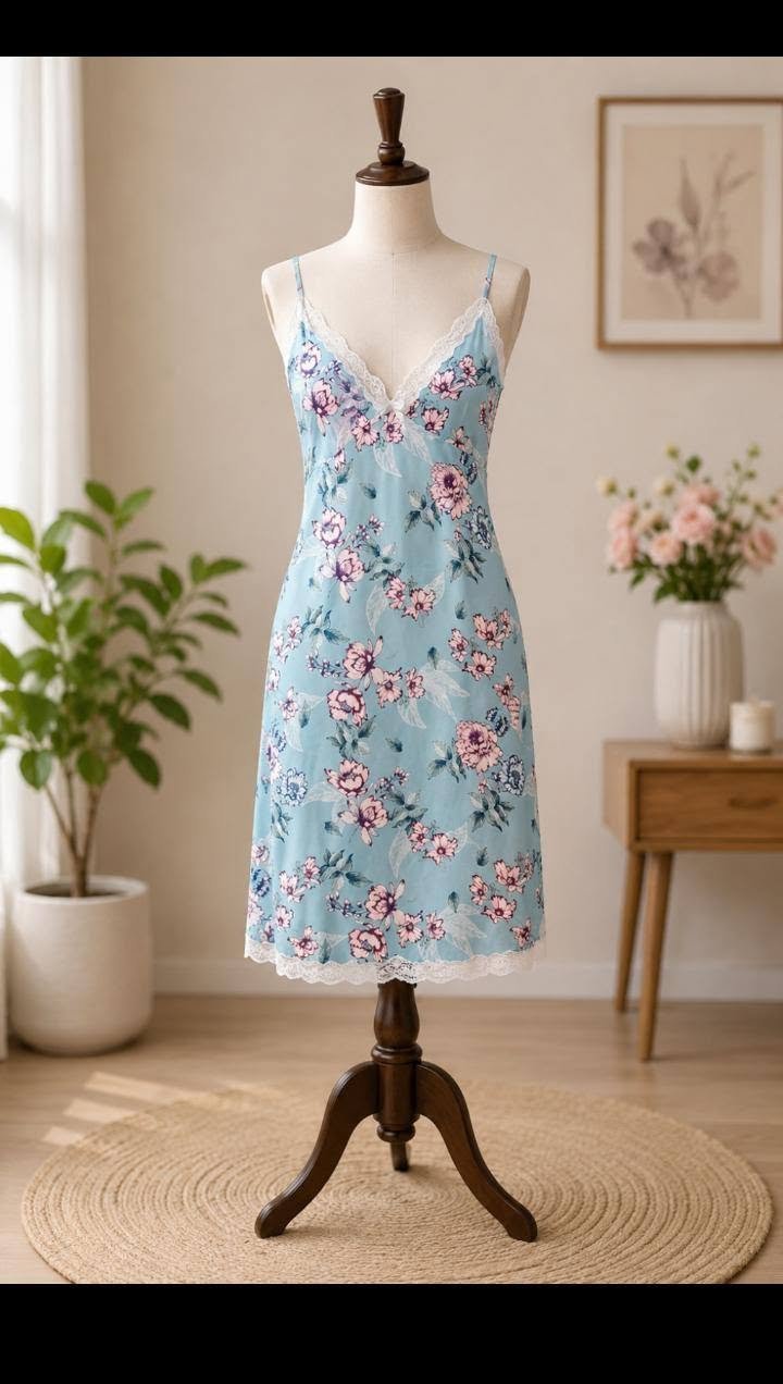 Sky Blue Floral Print Nighty with Lace Trim