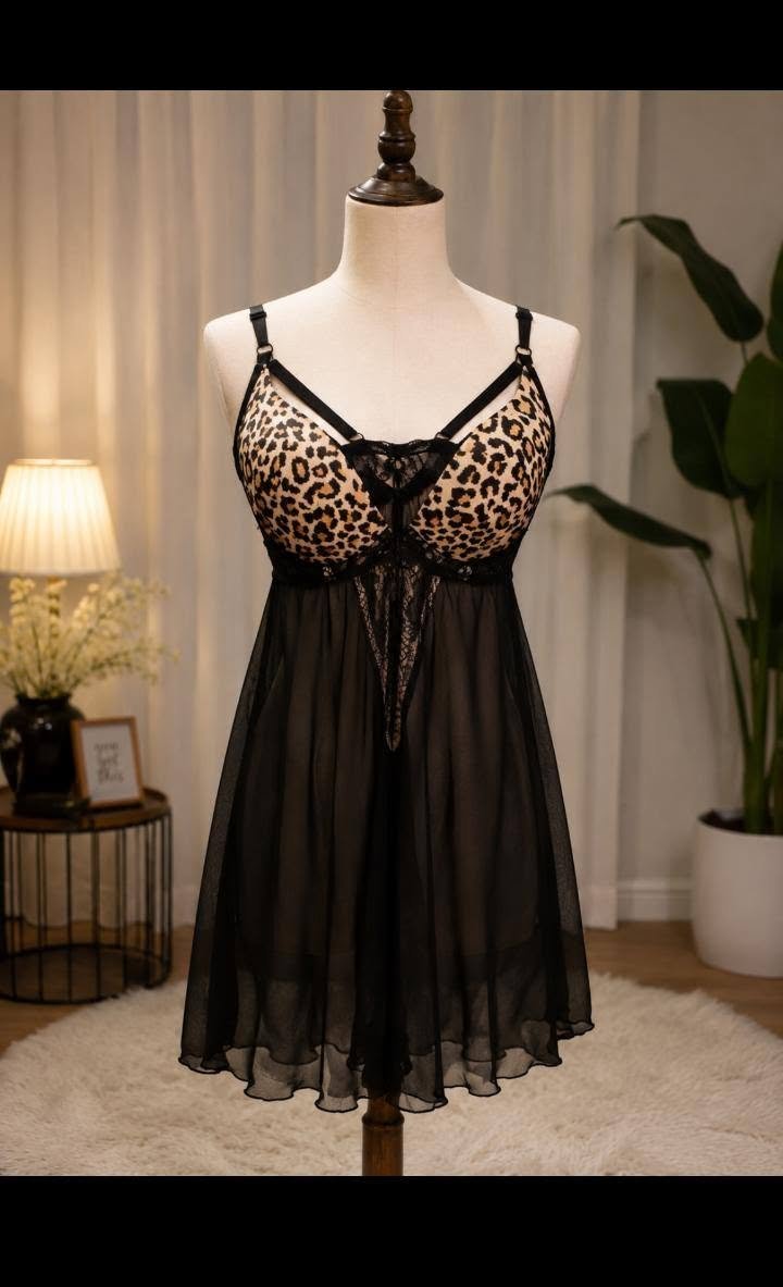 Leopard Print Babydoll Nighty with Sheer Skirt