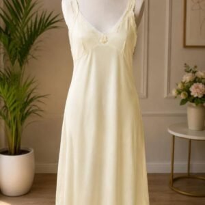 Pale Yellow Satin Nighty with Lace Trim and Rose Detail