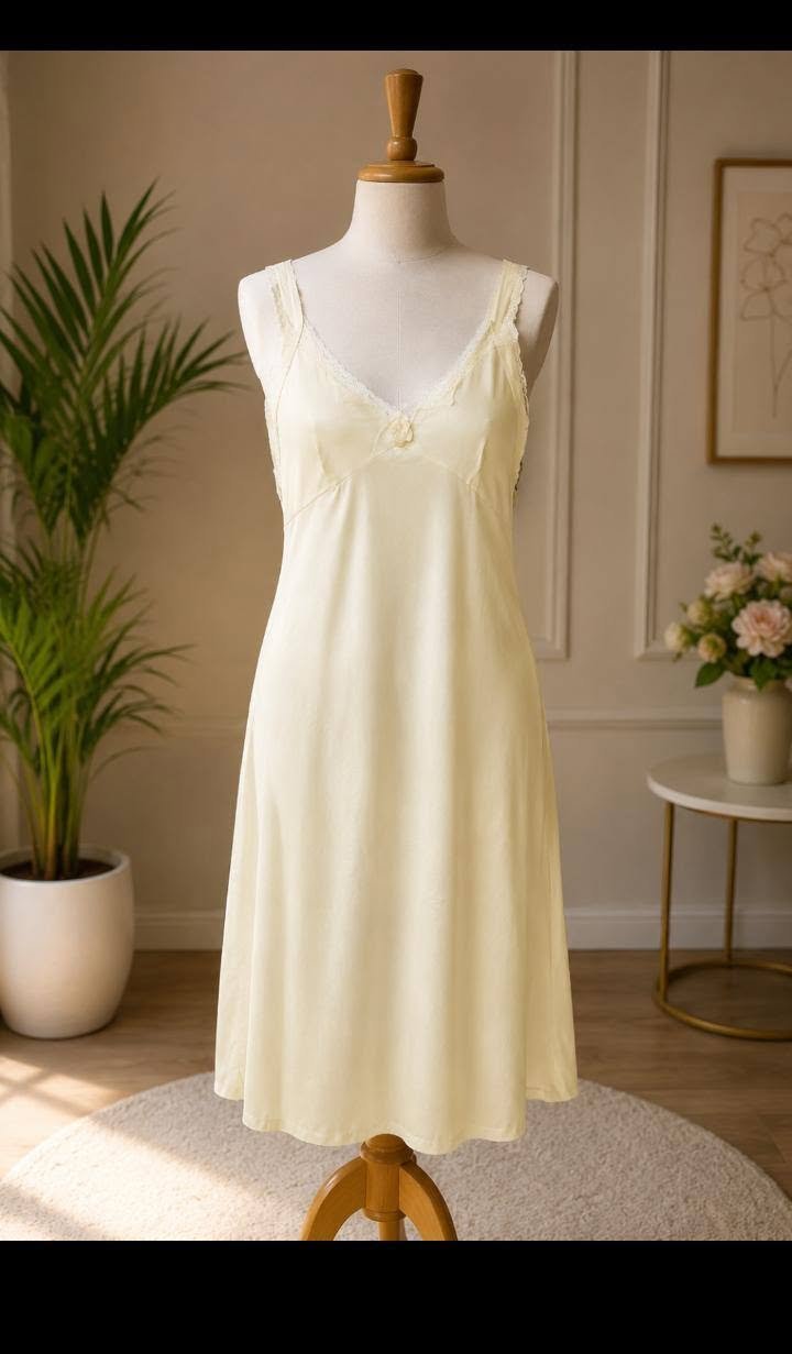 Pale Yellow Satin Nighty with Lace Trim and Rose Detail