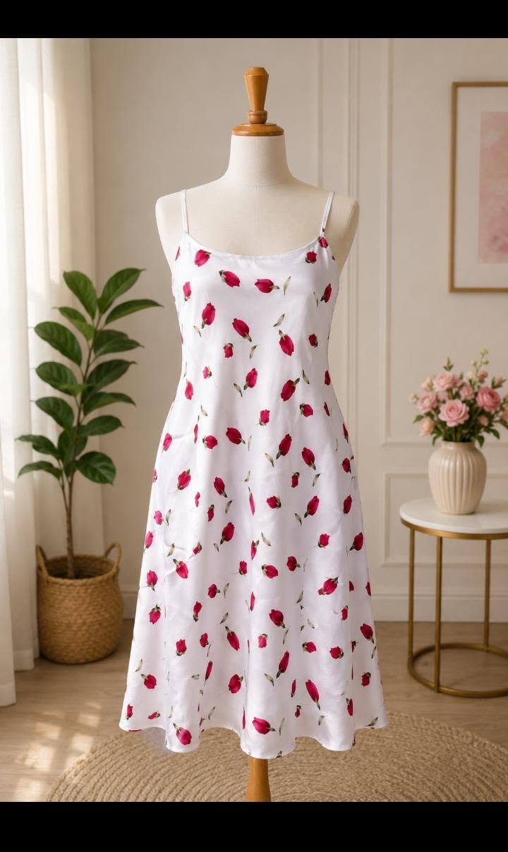White Rosebud Print Cami Nighty
