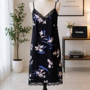 Black Watercolor Floral Nighty with Lace Hem