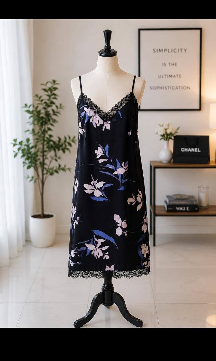 Black Watercolor Floral Nighty with Lace Hem