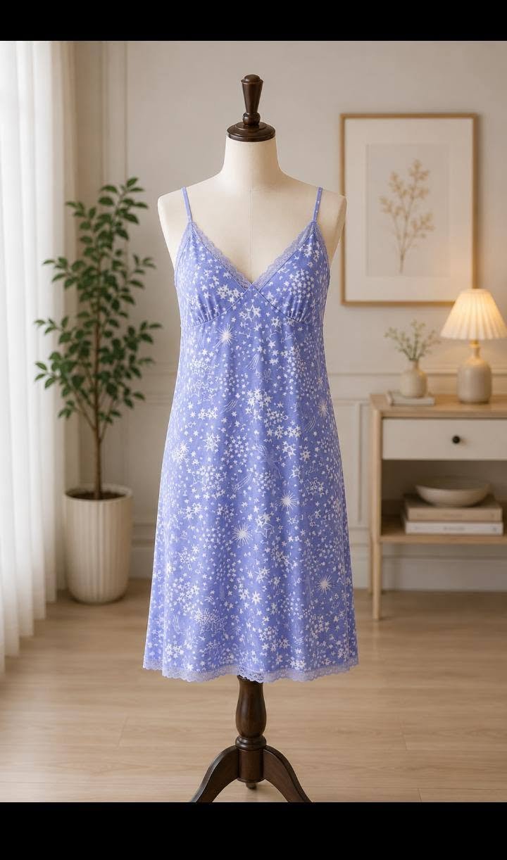 Periwinkle Blue Star Print Nighty with Lace Trim