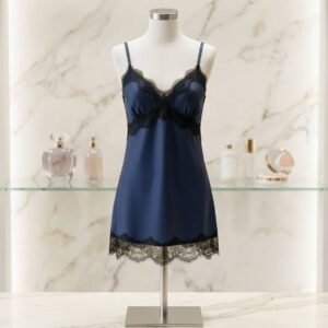 Navy Blue Satin Nighty with Black Lace Trim