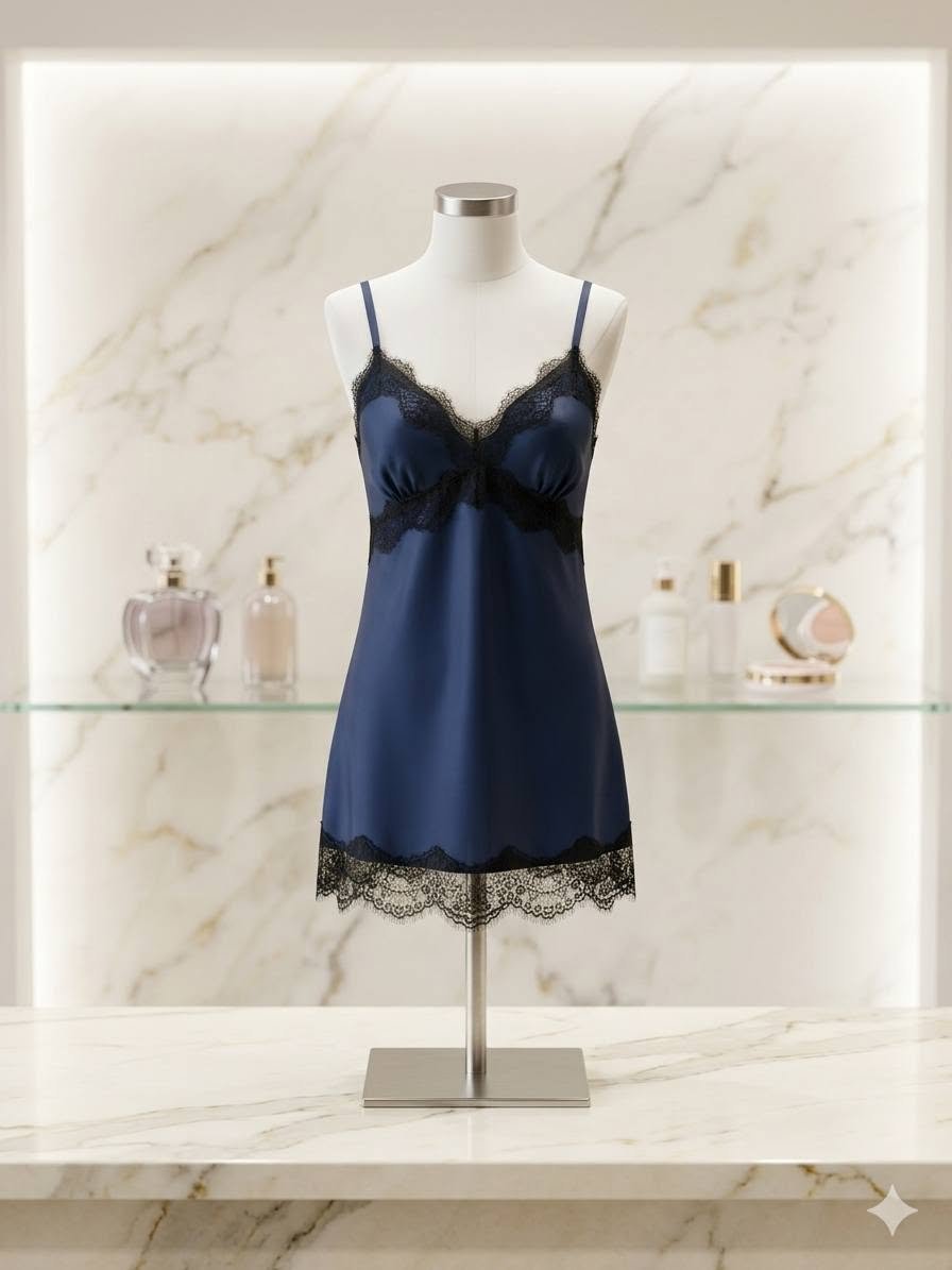 Navy Blue Satin Nighty with Black Lace Trim