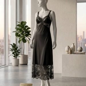 Ivory Polka Dot Satin Nighty with Lace Neckline