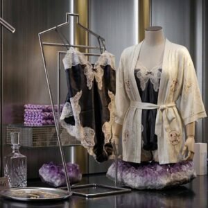 Black Lace Teddy with Ivory Embroidered Robe Set