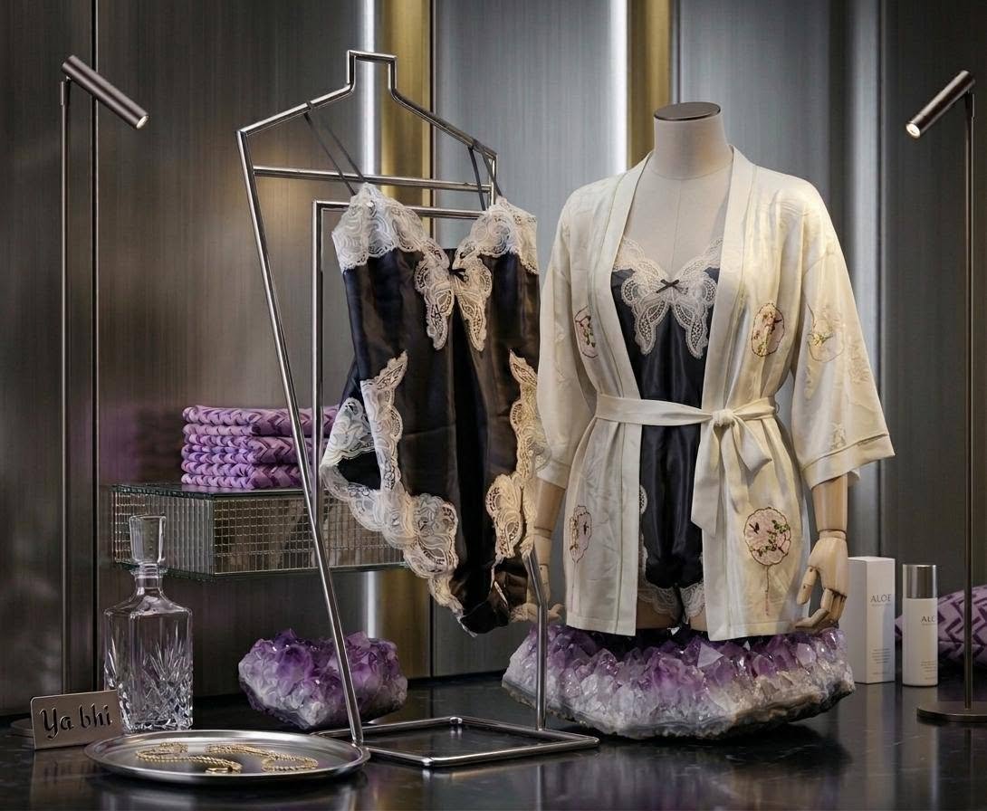 Black Lace Teddy with Ivory Embroidered Robe Set