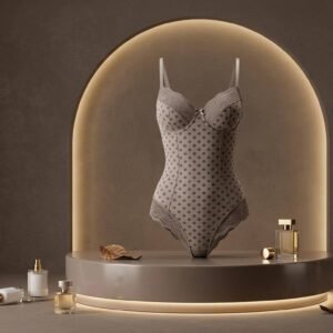 Grey Polka Dot Lace Trim Bodysuit
