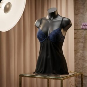 Black Satin Chemise with Navy Lace Bust
