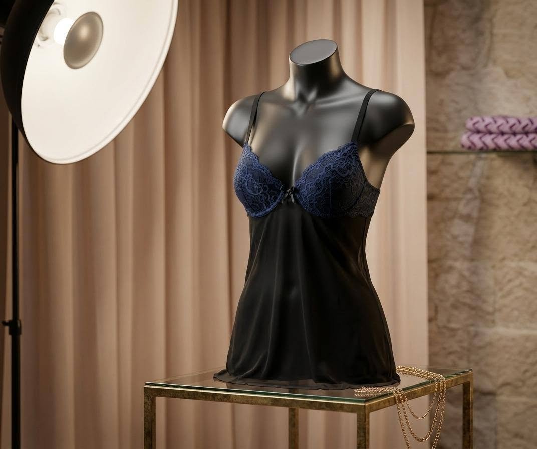 Black Satin Chemise with Navy Lace Bust