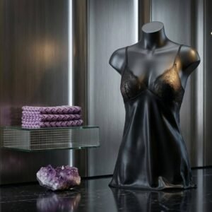 Black Satin Slip Nighty with Lace Bust Detail
