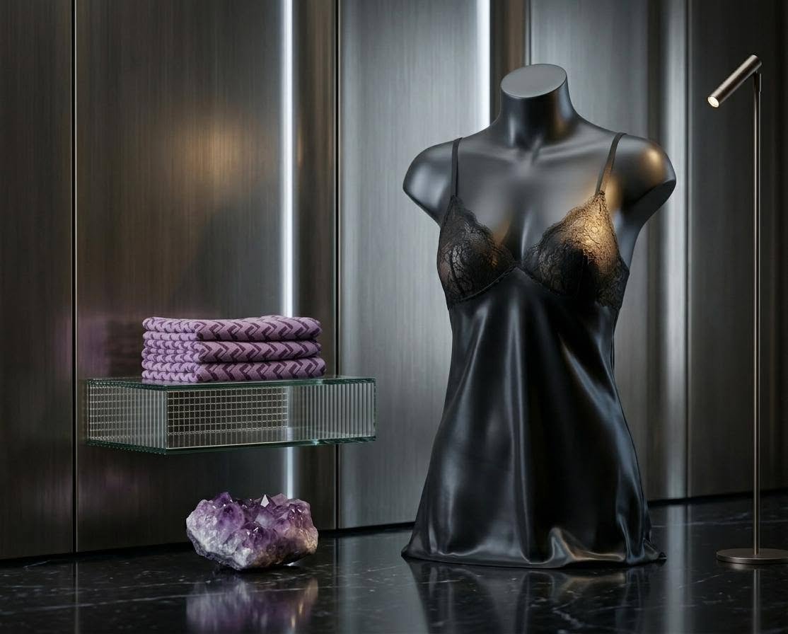 Black Satin Slip Nighty with Lace Bust Detail