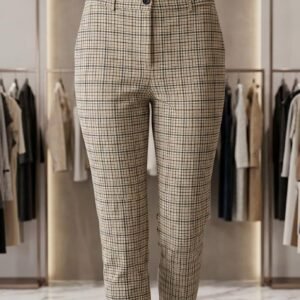 Beige Checkered Slim Fit Trousers