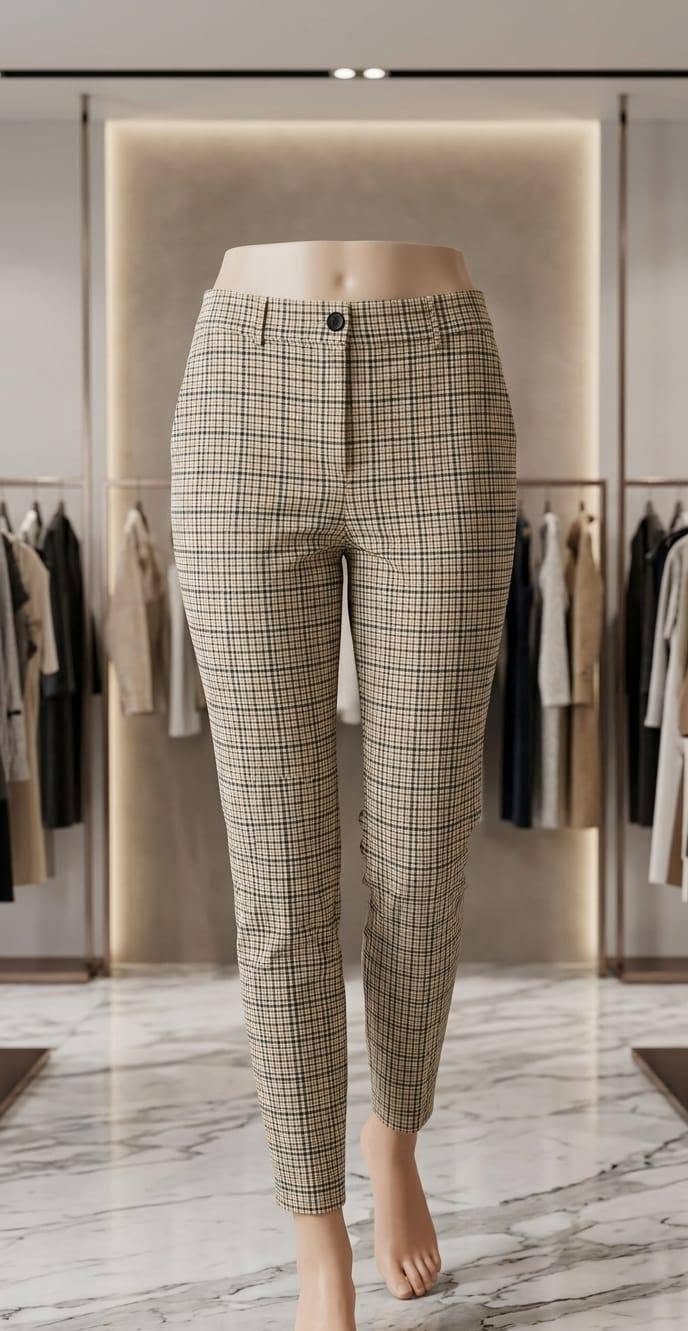 Beige Checkered Slim Fit Trousers