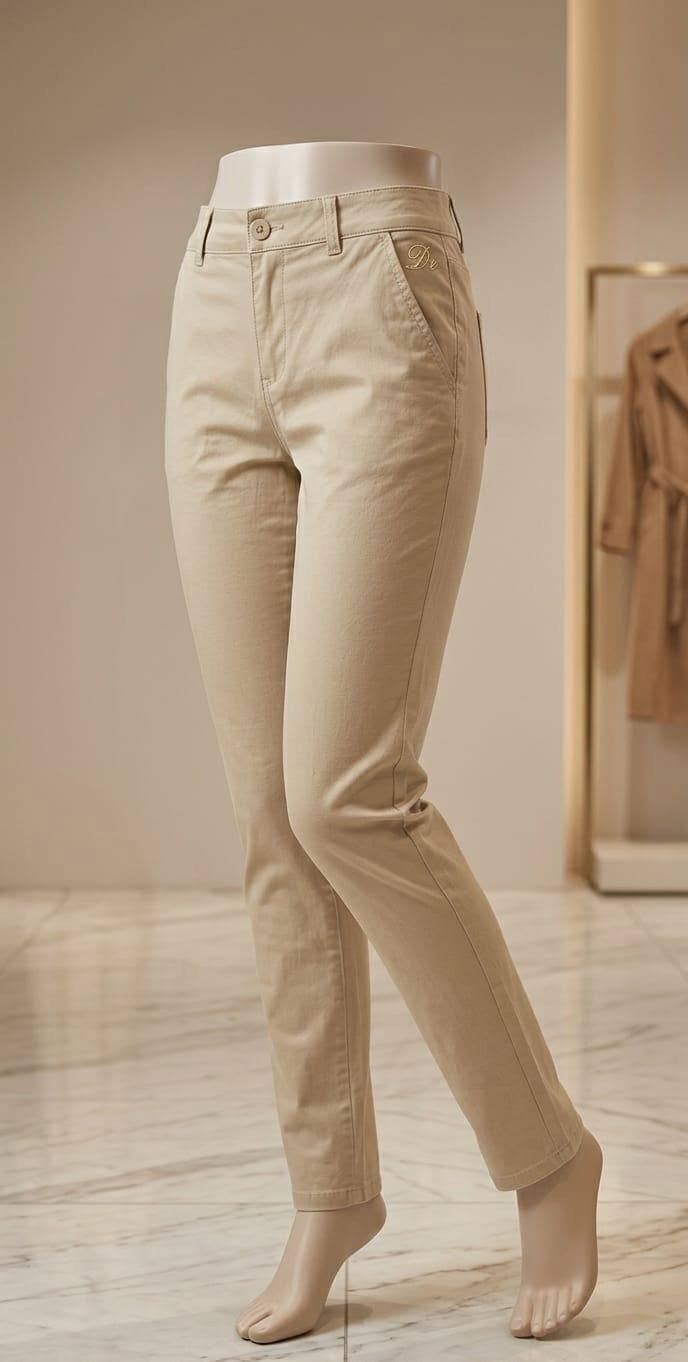 Khaki Beige Slim Fit Cotton Trousers