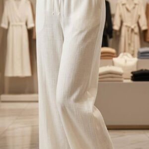 White Wide Leg Drawstring Linen Trousers