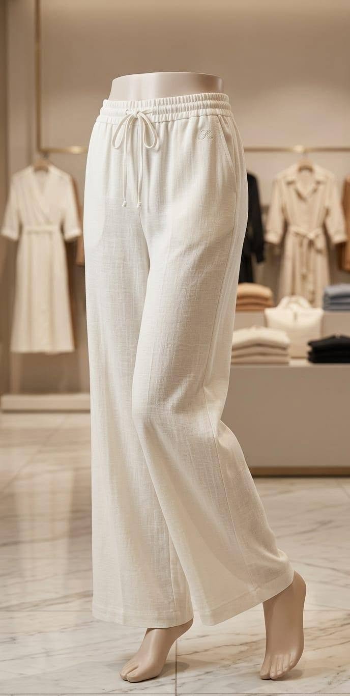 White Wide Leg Drawstring Linen Trousers