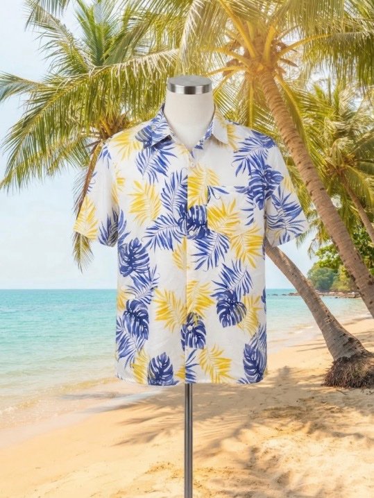🌴 TROPICAL LEAF PRINT SHIRT 🌴
Color: White with Blue & Yellow Leaves
Style: Half Sleeve, Relaxed Fit, Cuban Collar