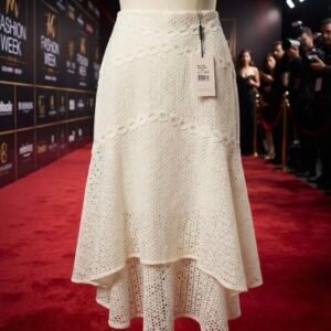🤍 WHITE EYELET LACE SKIRT 🤍
Color: Off White / Ivory
Style: Midi Length, A-line, Layered Hem, Lace Cutwork