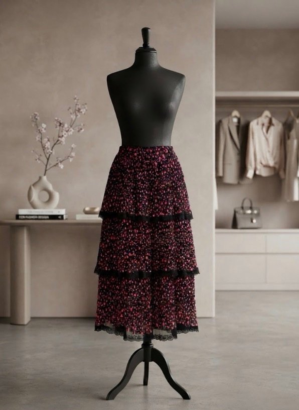 πΈ PINK BLACK TIERED FLORAL SKIRT πΈ
Color: Black base with Pink/Red Tiny Florals
Style: Midi Length, 3-Tier Ruffle, Lace Trim Hem