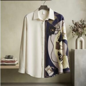 🤍 NAVY PRINT ASYMMETRIC SHIRT 🤍
Color: Ivory + Navy/Beige Designer Print
Style: Button Down, Long Sleeve, Asymmetric Design