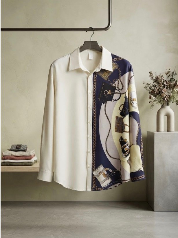 π€ NAVY PRINT ASYMMETRIC SHIRT π€
Color: Ivory + Navy/Beige Designer Print
Style: Button Down, Long Sleeve, Asymmetric Design