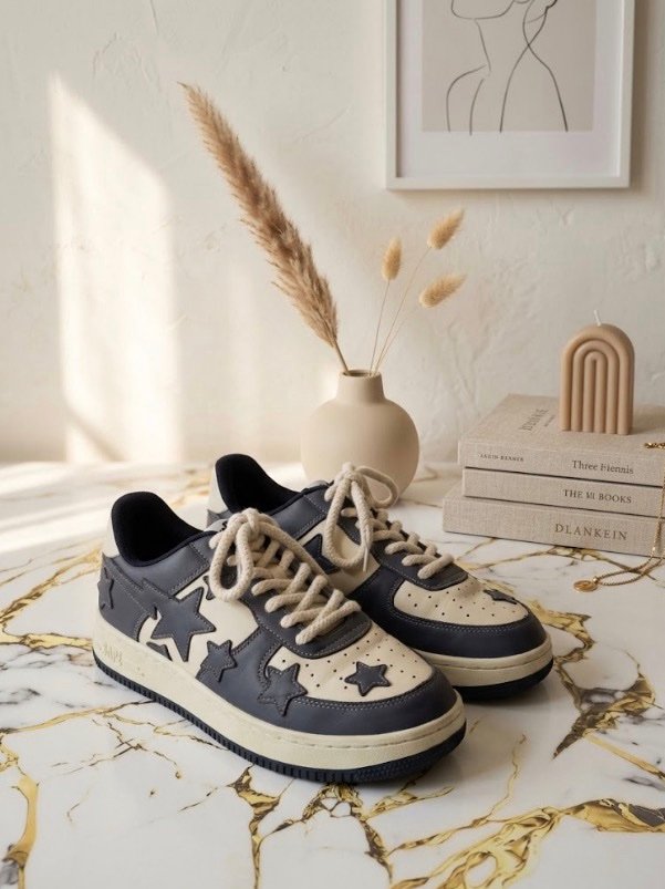 Star-Patch Sneakers - Cream & Charcoal Grey